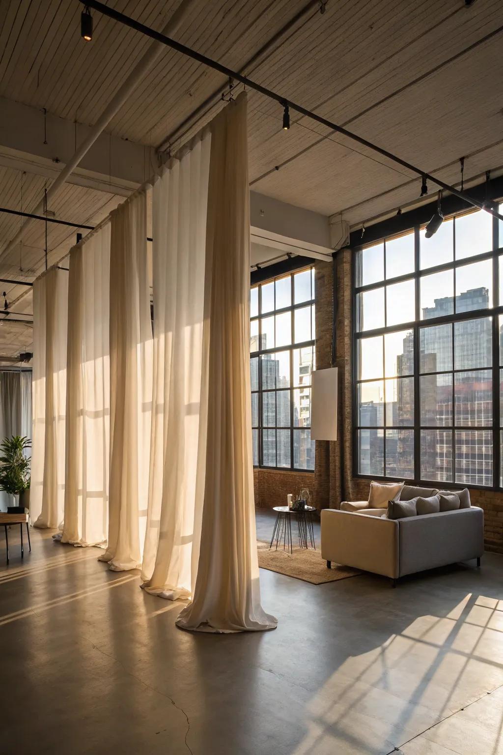 Curtains offering privacy while maintaining an open loft feel.