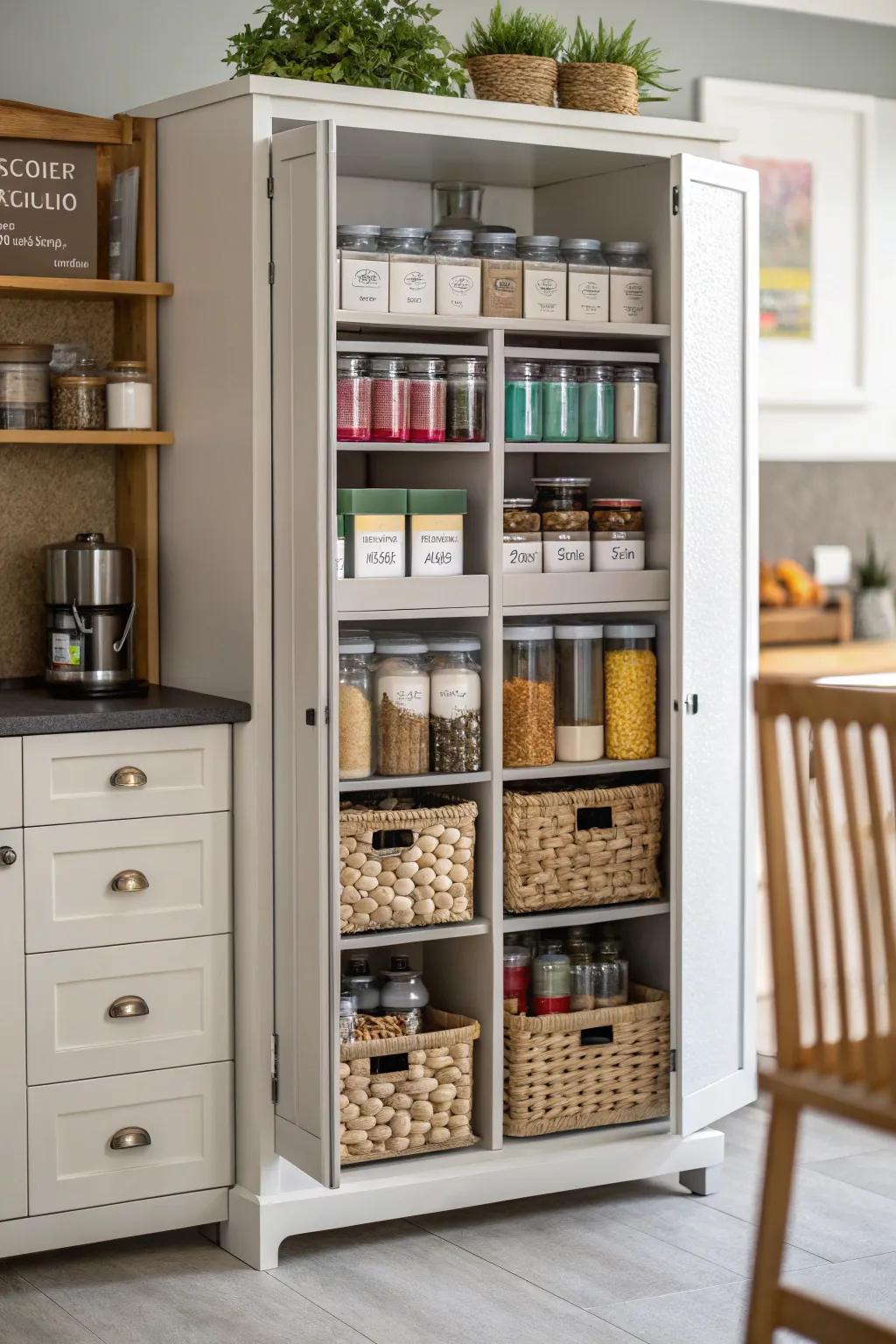 A stand-alone cabinet offers a stylish and practical pantry solution.