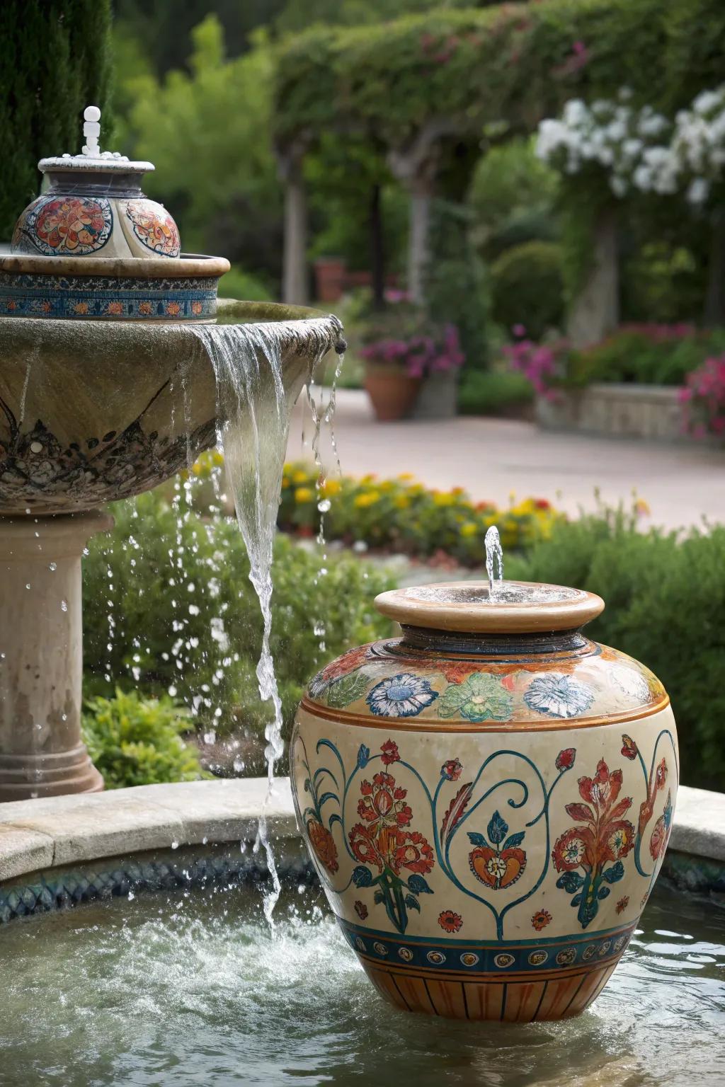 A ceramic pot fountain adds a pop of color and artful detail.