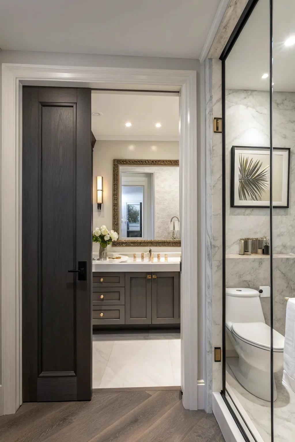 Pocket doors save space and enhance functionality in small powder rooms.