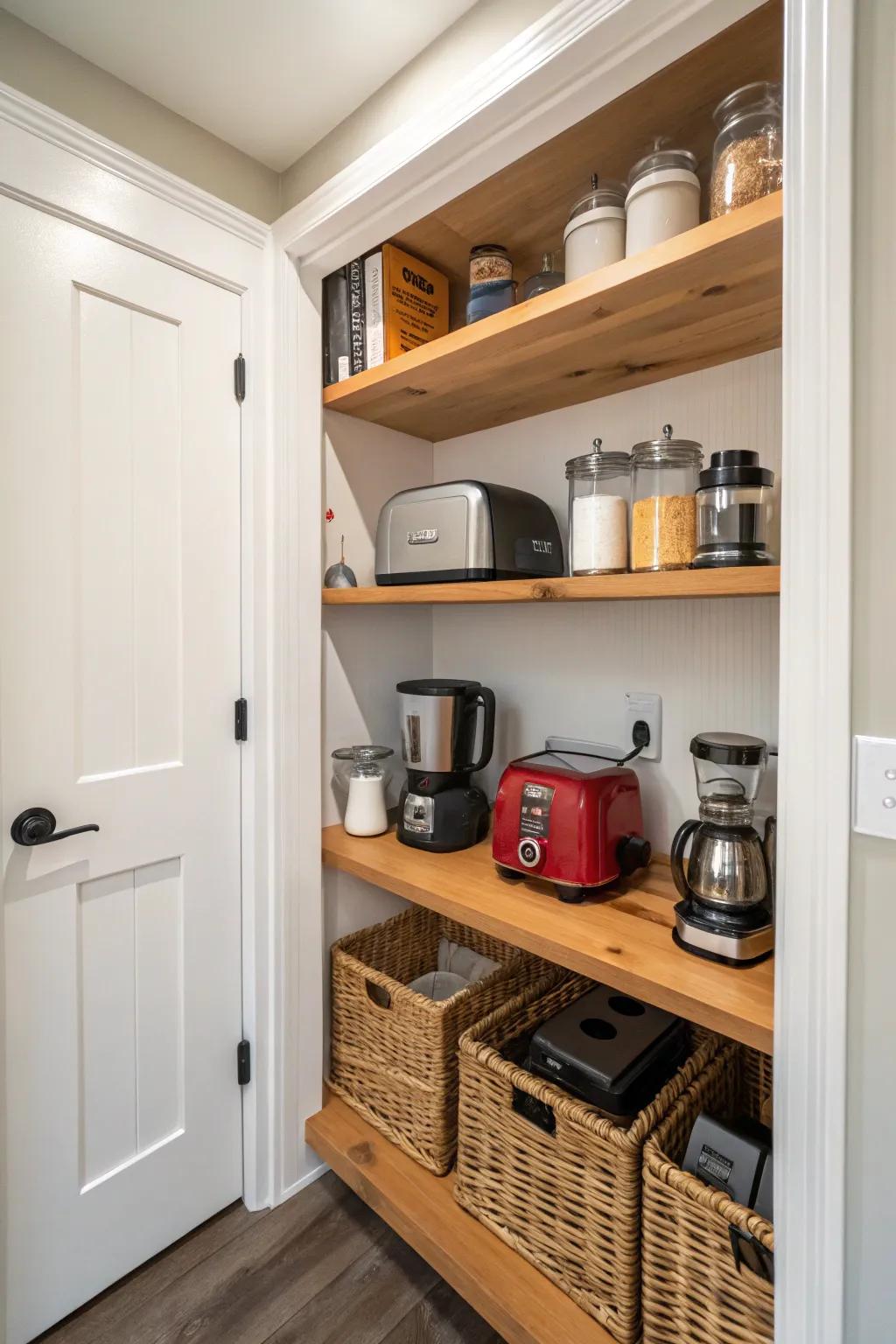 An appliance garage keeps the pantry tidy and organized.