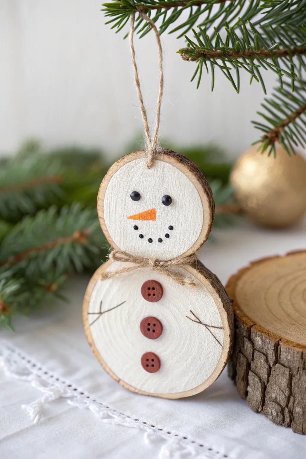Crafted with love: A minimalist wood slice snowman ornament that brings natural charm to your winter decor.