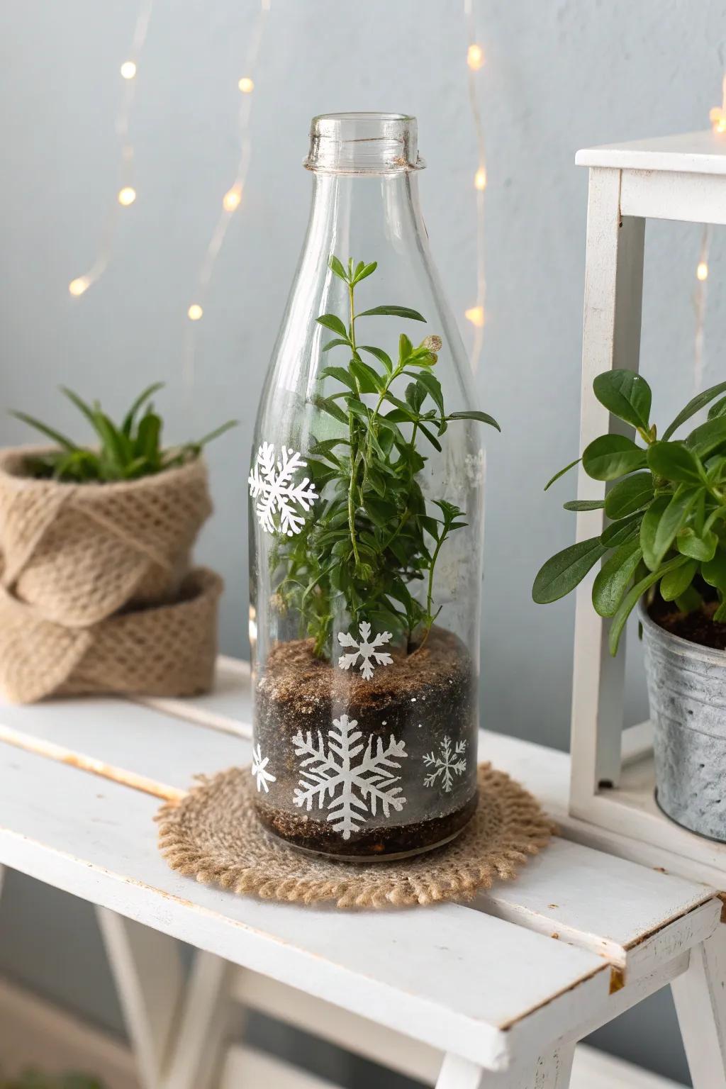 Embrace the season with a touch of artistry—your very own snowflake-adorned soda bottle planter!
