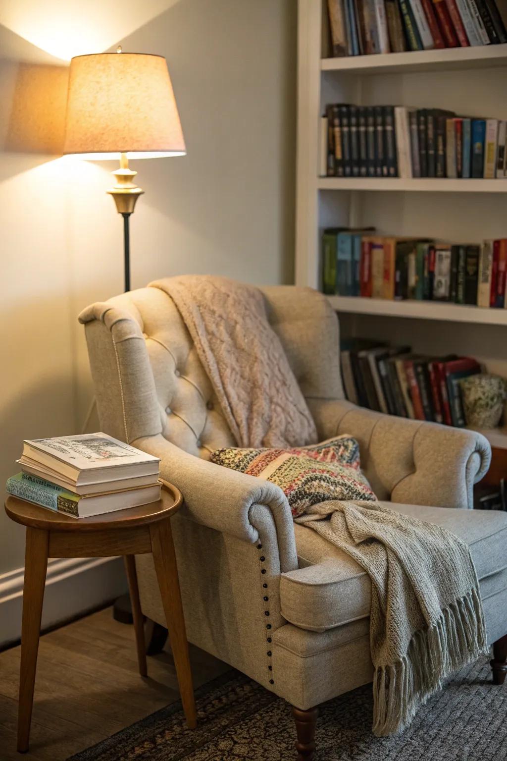 A reading nook offers a peaceful retreat for guests.