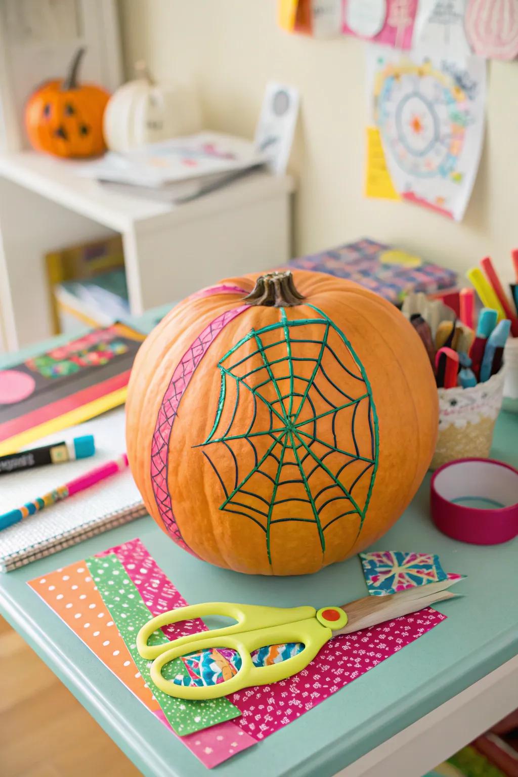 A pumpkin with a colorful washi tape web.