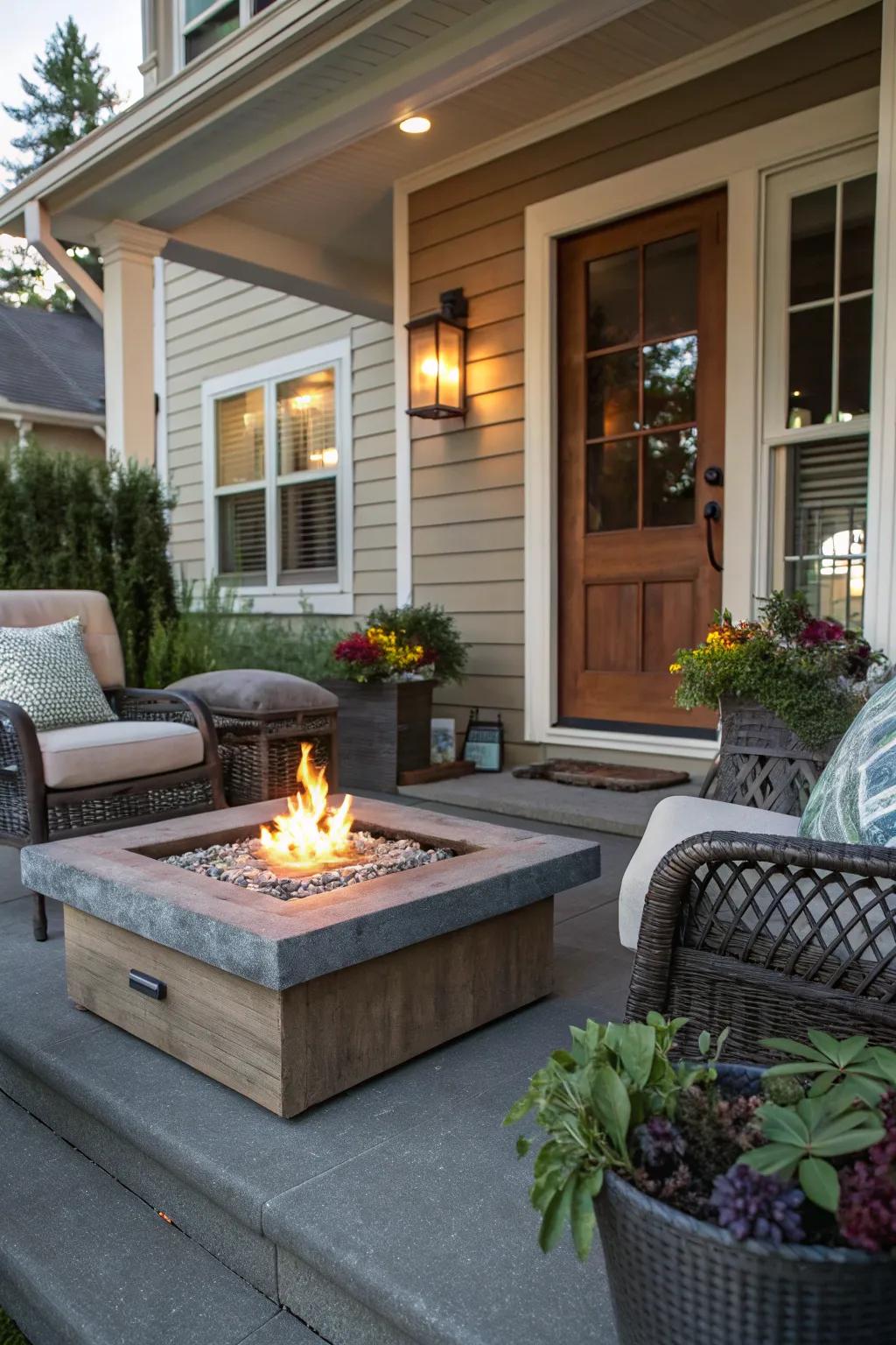 A fire feature adds warmth and a cozy vibe to this split-level porch.