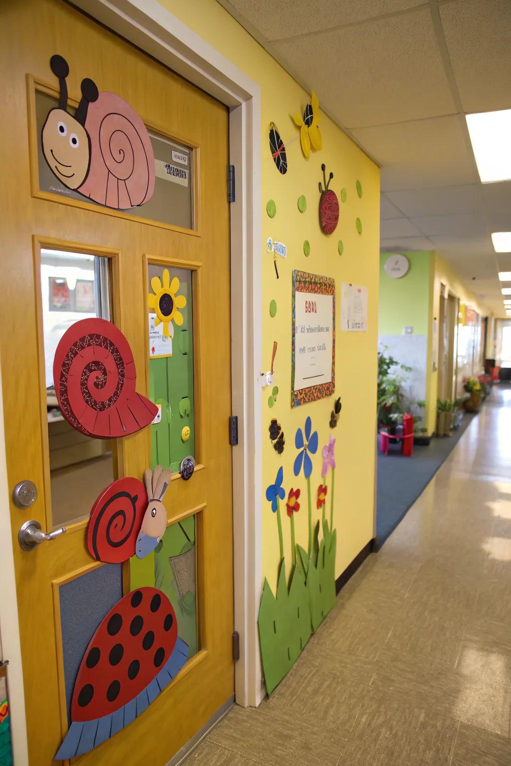 Garden critters crawl across the preschool door.