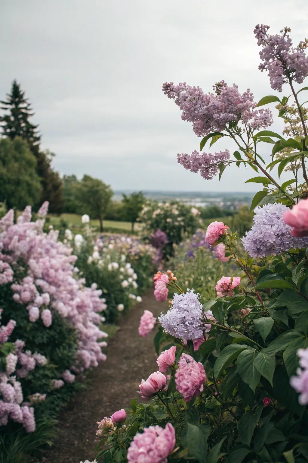 Fragrant blooms like lilacs and peonies add a sensory delight.