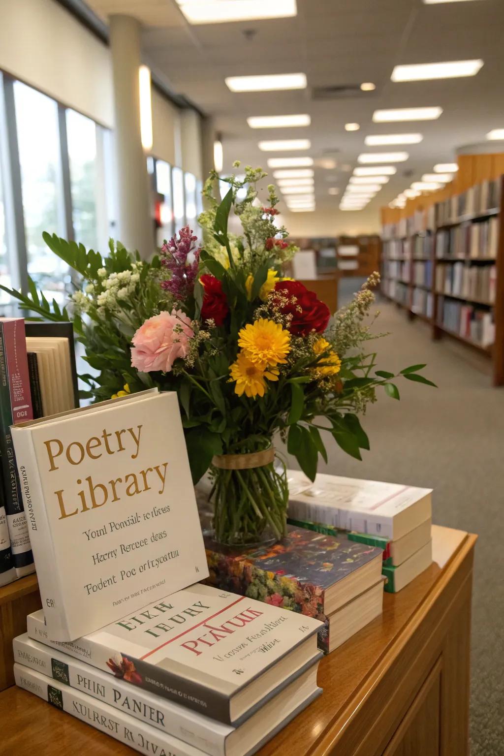 A serene poetry-themed display with flowers and books.