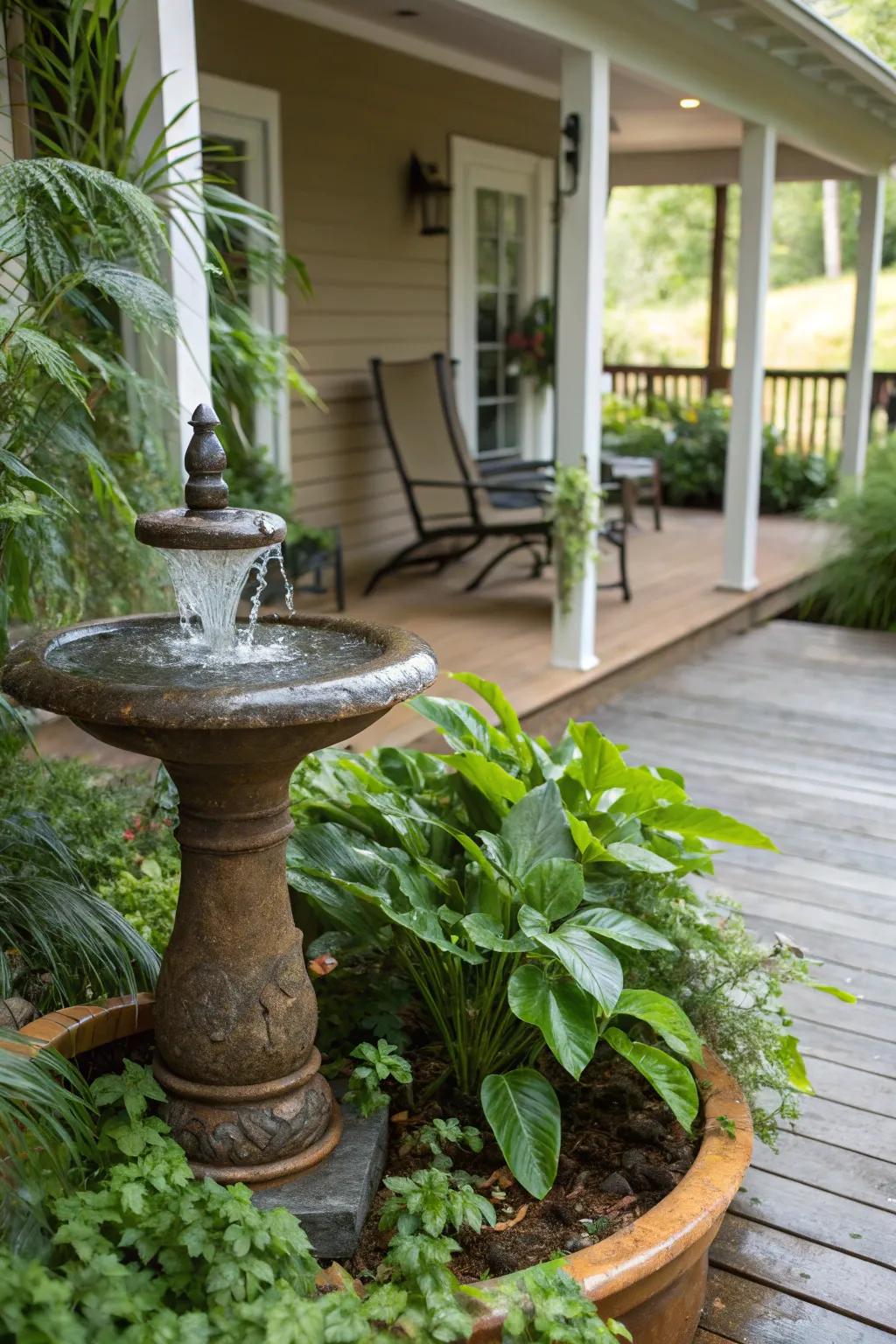 A tranquil water feature adding peace to the porch.