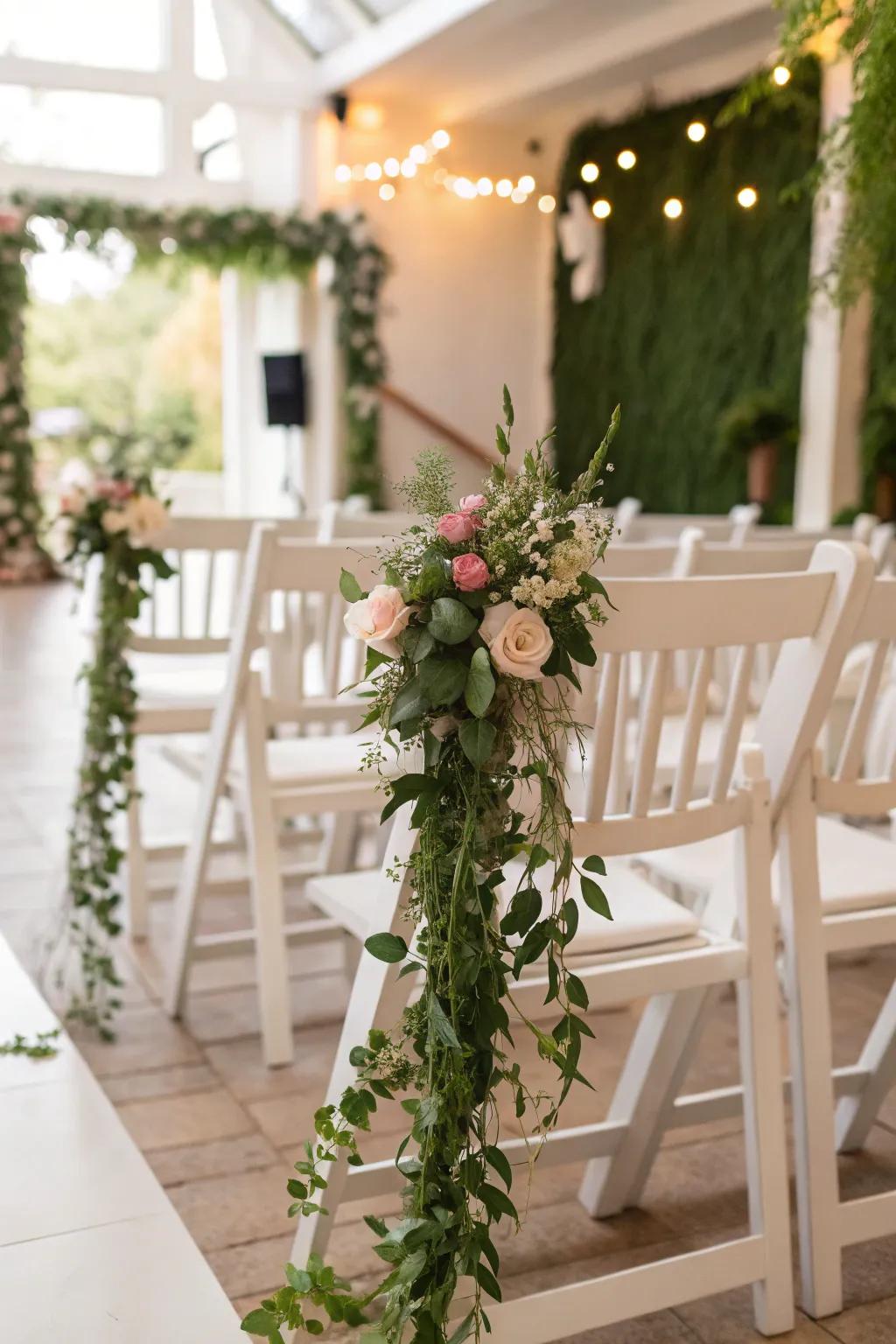 Green garlands add a fresh and elegant touch to wedding chairs.