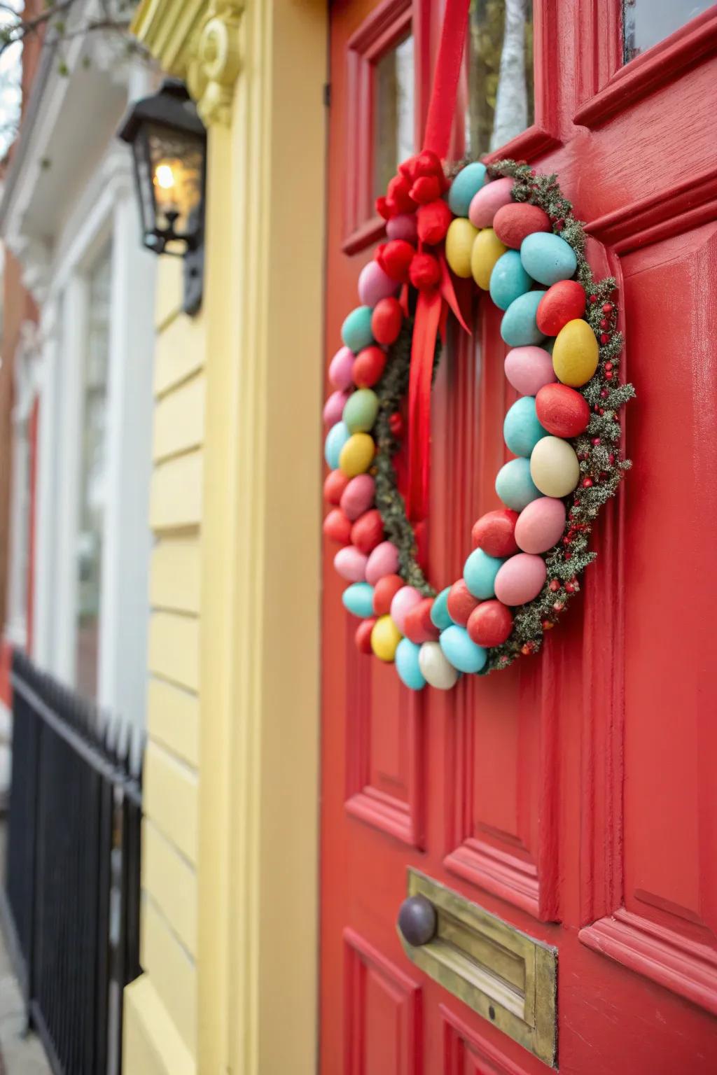 A striking red egg wreath that symbolizes spring's renewal.