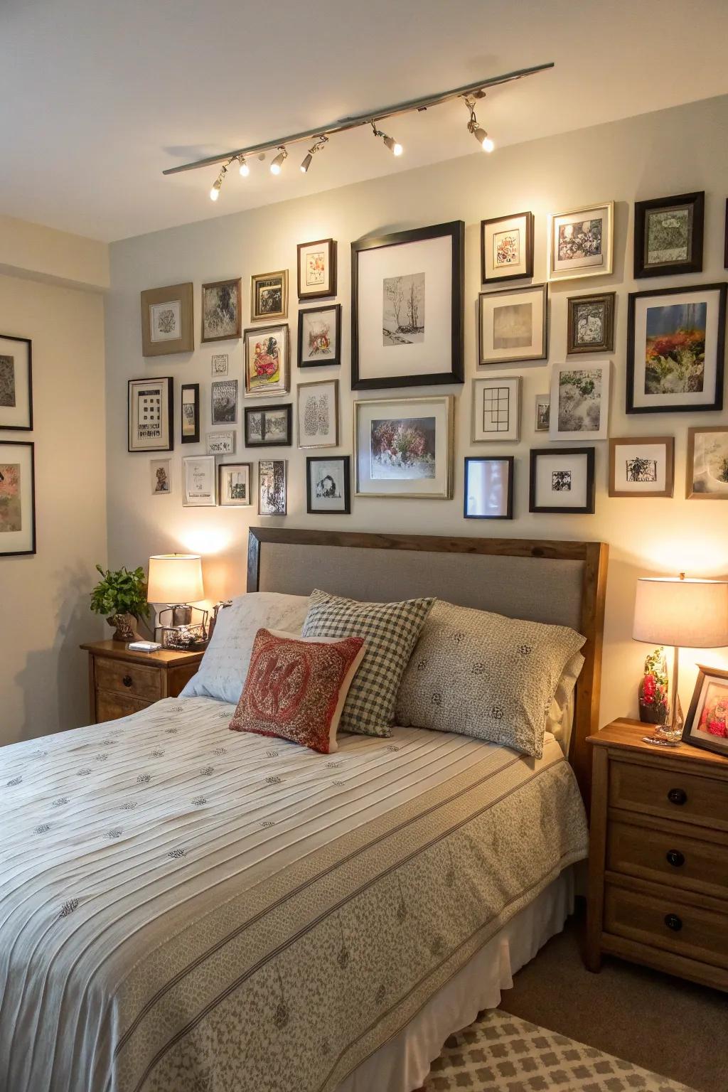 A gallery wall adds a personal and artistic touch.