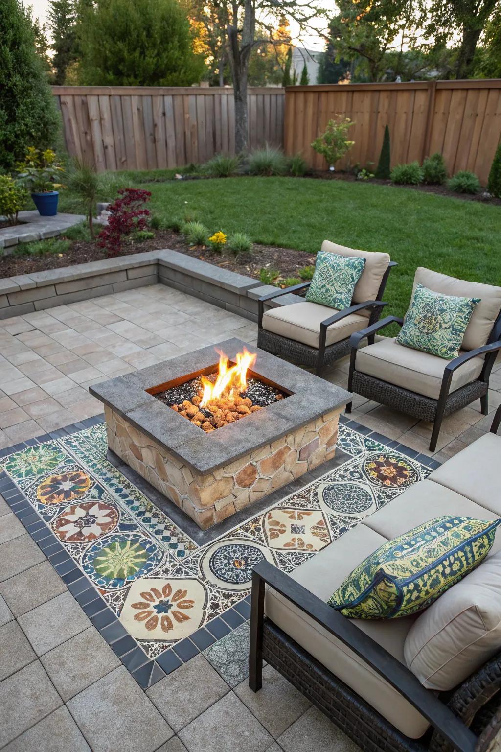 Mosaic tiles add a touch of artistry to this fire pit.