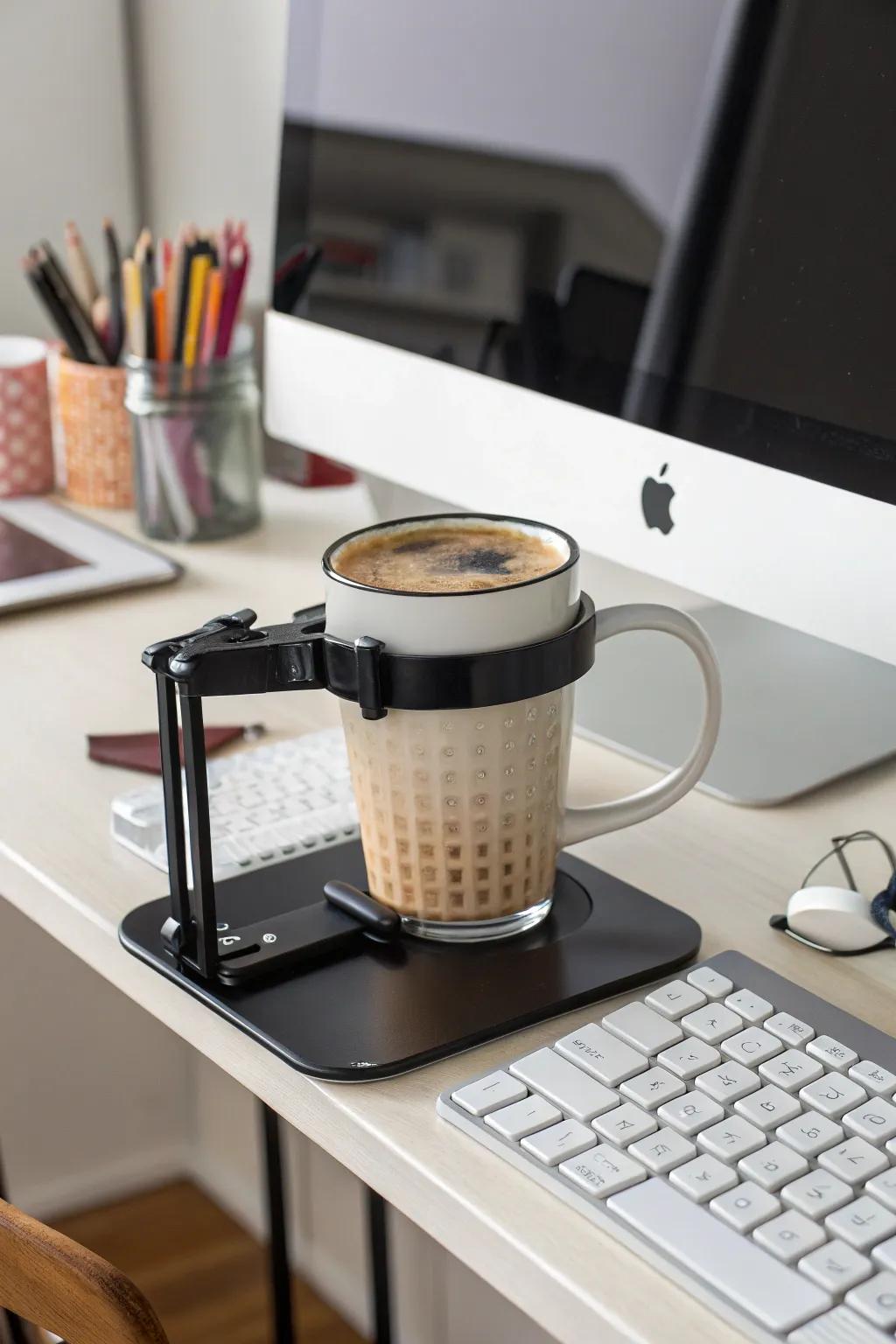 A clip-on cup holder keeps your drink safe and off the desk.