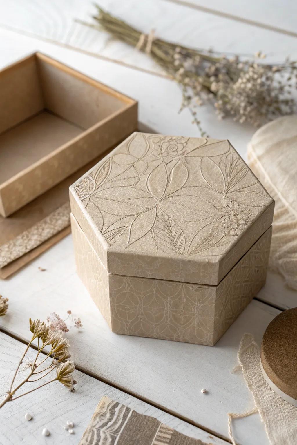 Embrace the charm of unexpected shapes with our hexagonal stationery box - where simplicity meets elegance.