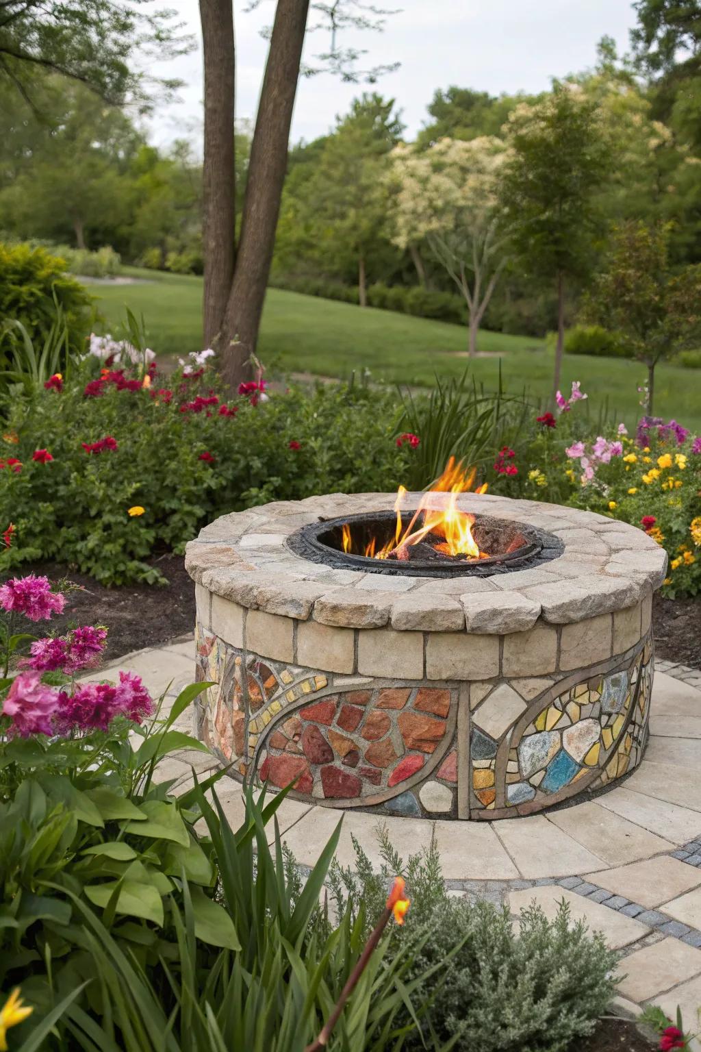 Mosaic tiles add color and personality to the stone fire pit.