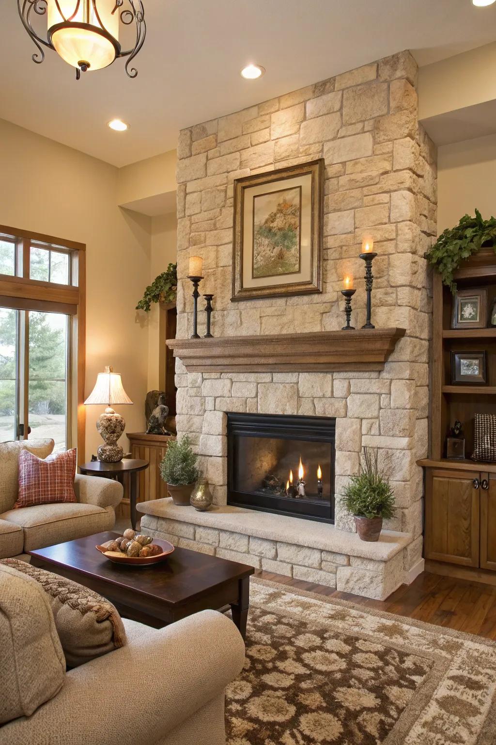 A neutral stone frame highlights the room's elegant design without overpowering it.