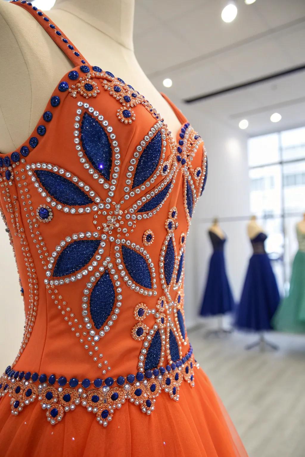 Dazzling Contrasts: Elevate your dance costume with bold rhinestone patterns and vibrant hues!