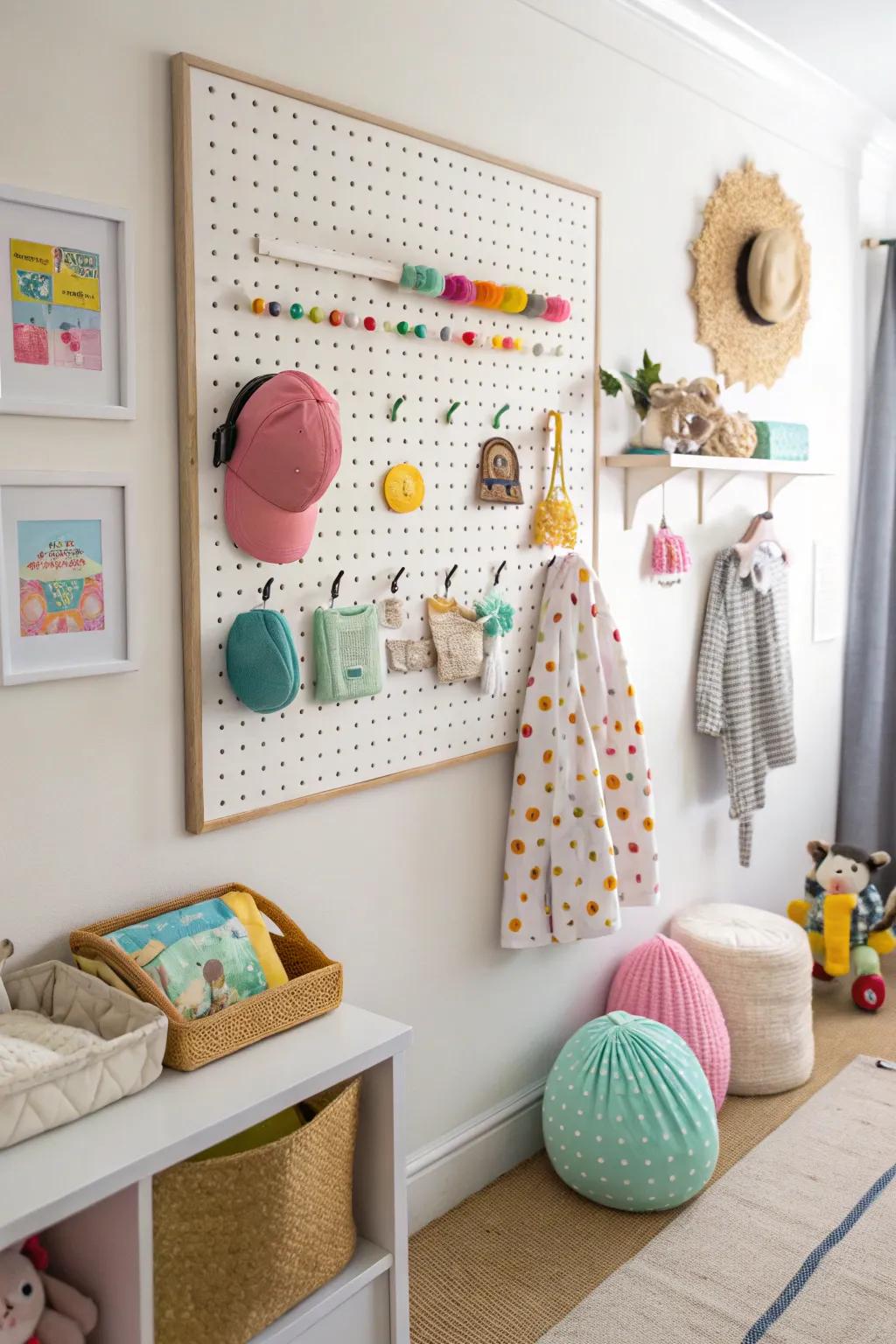 Wall pegboards utilize vertical space for organized storage.