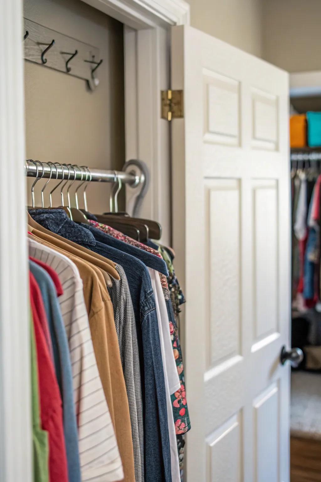 Hooks and bar provide extra clothes storage.