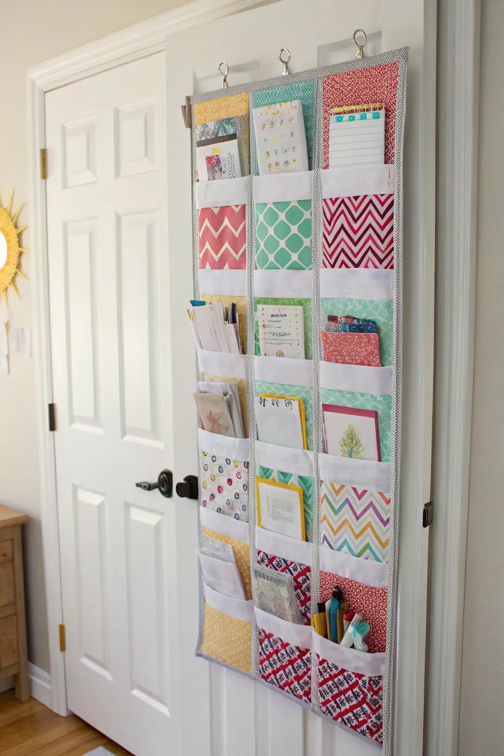 Over-the-door organizer for storing and sorting bulletin board borders.