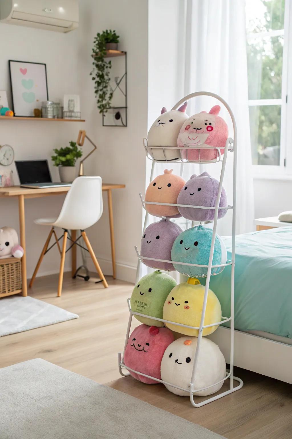 Tiered racks maximize space by storing Squishmallows vertically.