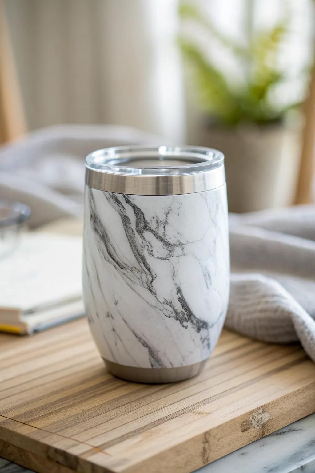 Elevate your drinkware with this chic marble-inspired tumbler, where simplicity meets sophistication.