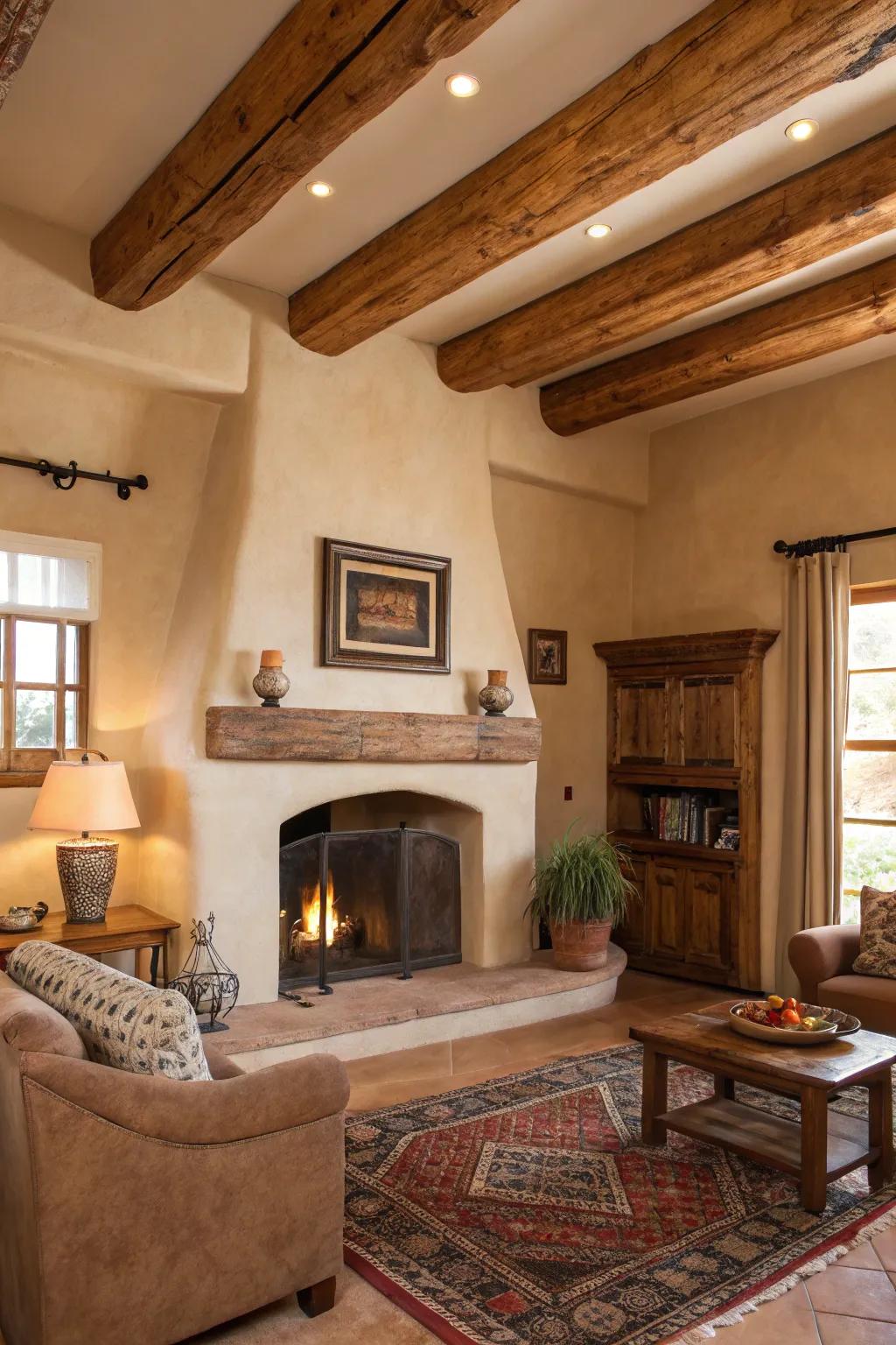 A rustic beam adds country charm to this stucco fireplace.