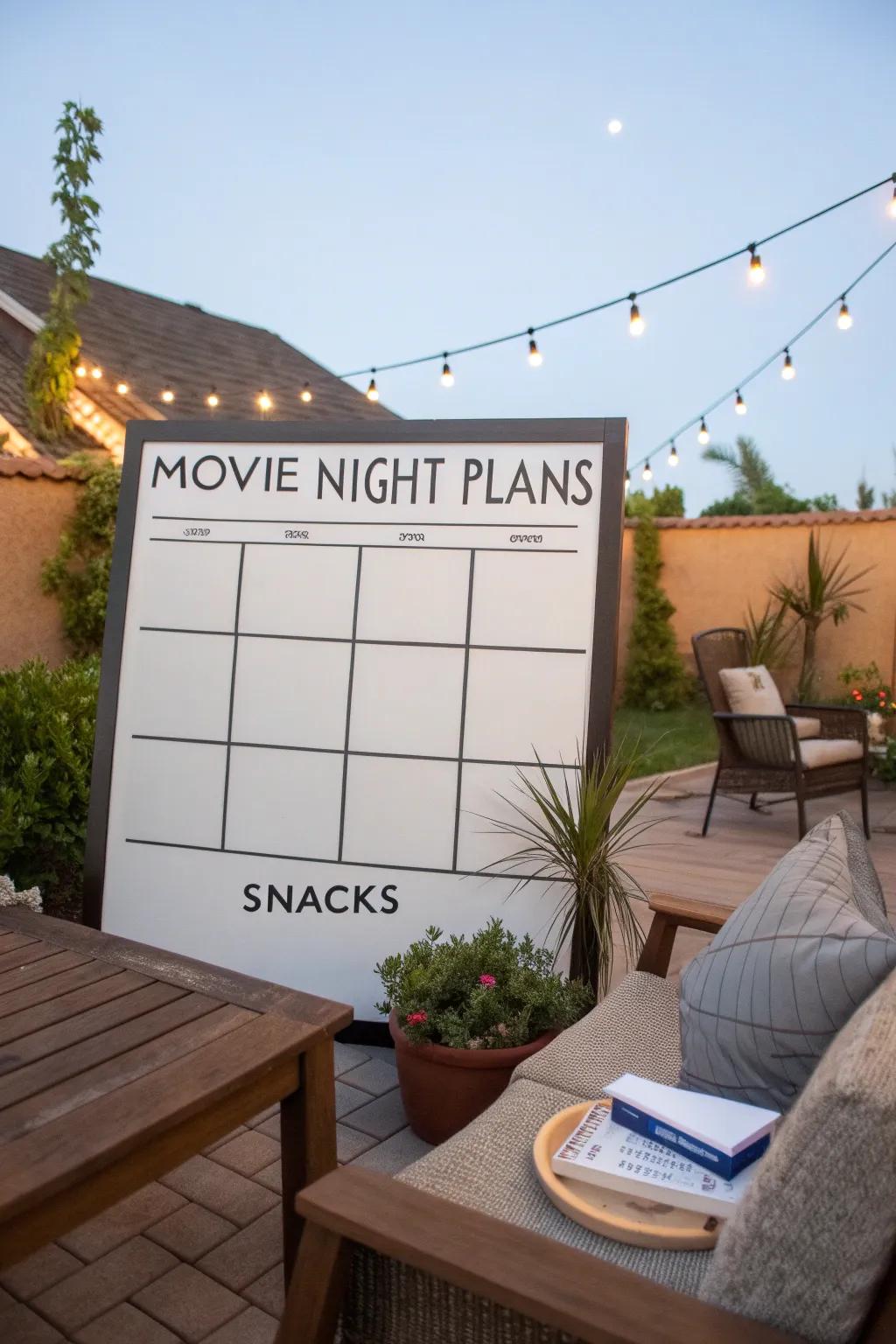 Plan magical movie nights with a detailed outdoor board.