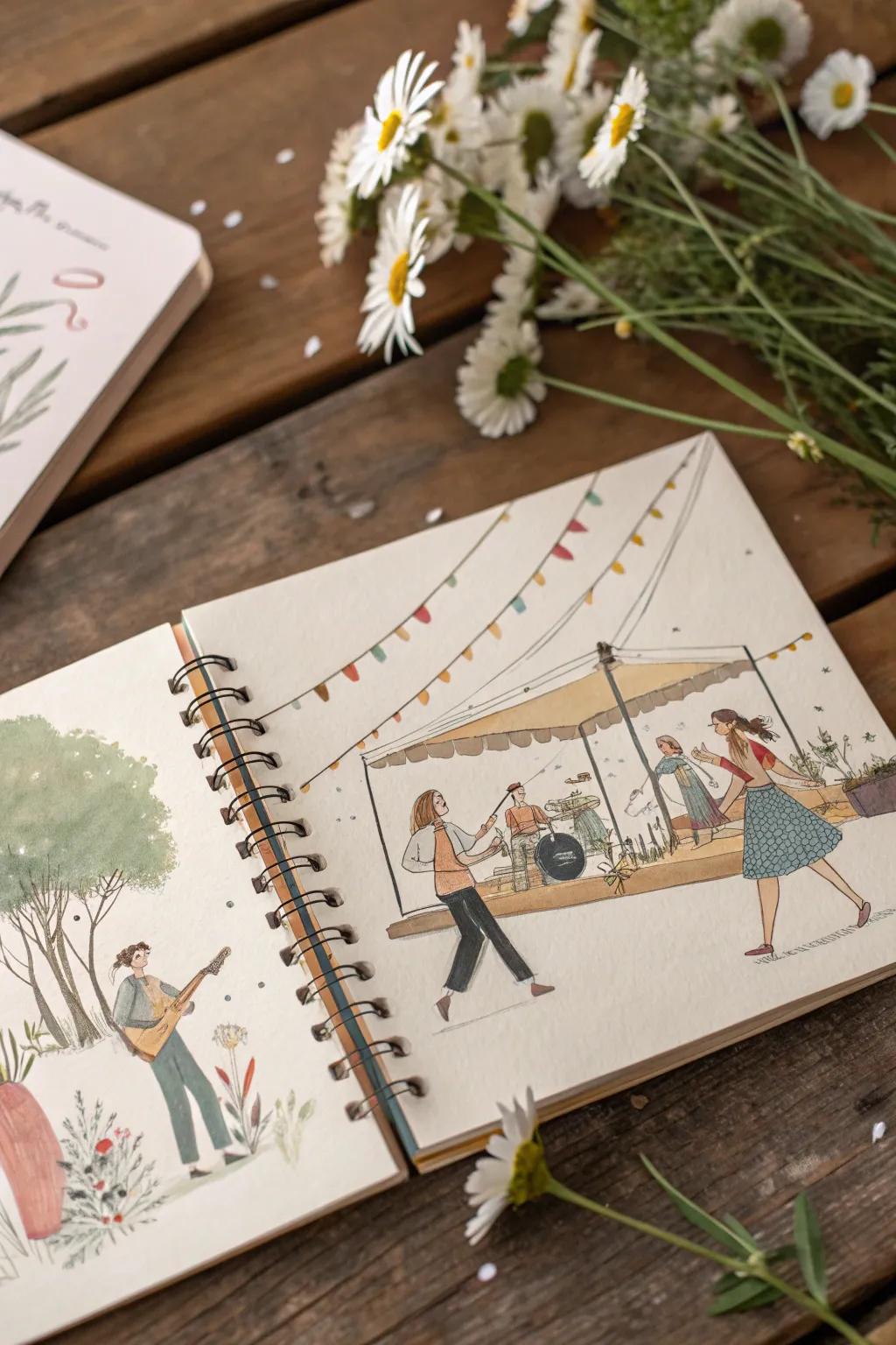 Capture the essence of summer with a minimalist sketch of a vibrant street festival. Let the energy flow onto your pages!