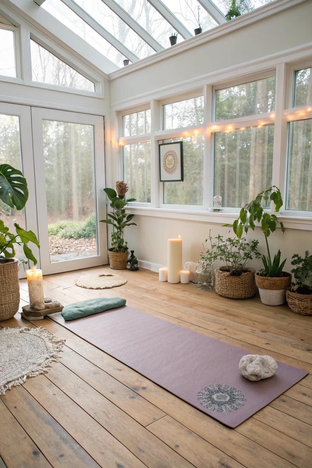 A sunroom dedicated to a sunlit yoga studio, ideal for peaceful practice.