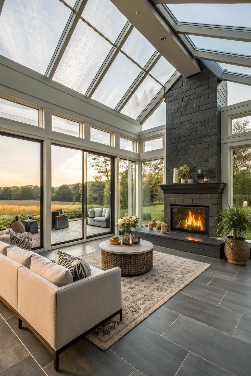 A modern linear fireplace adding luxury and panoramic views to a contemporary sunroom.