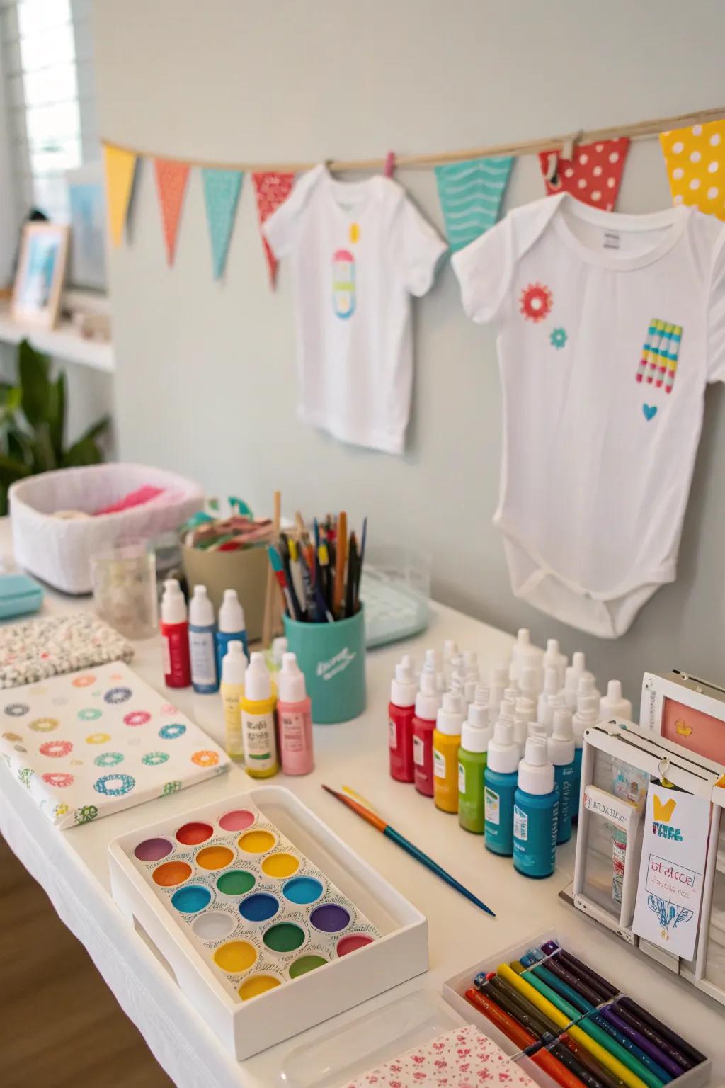 A craft station inviting guests to create personalized baby items.