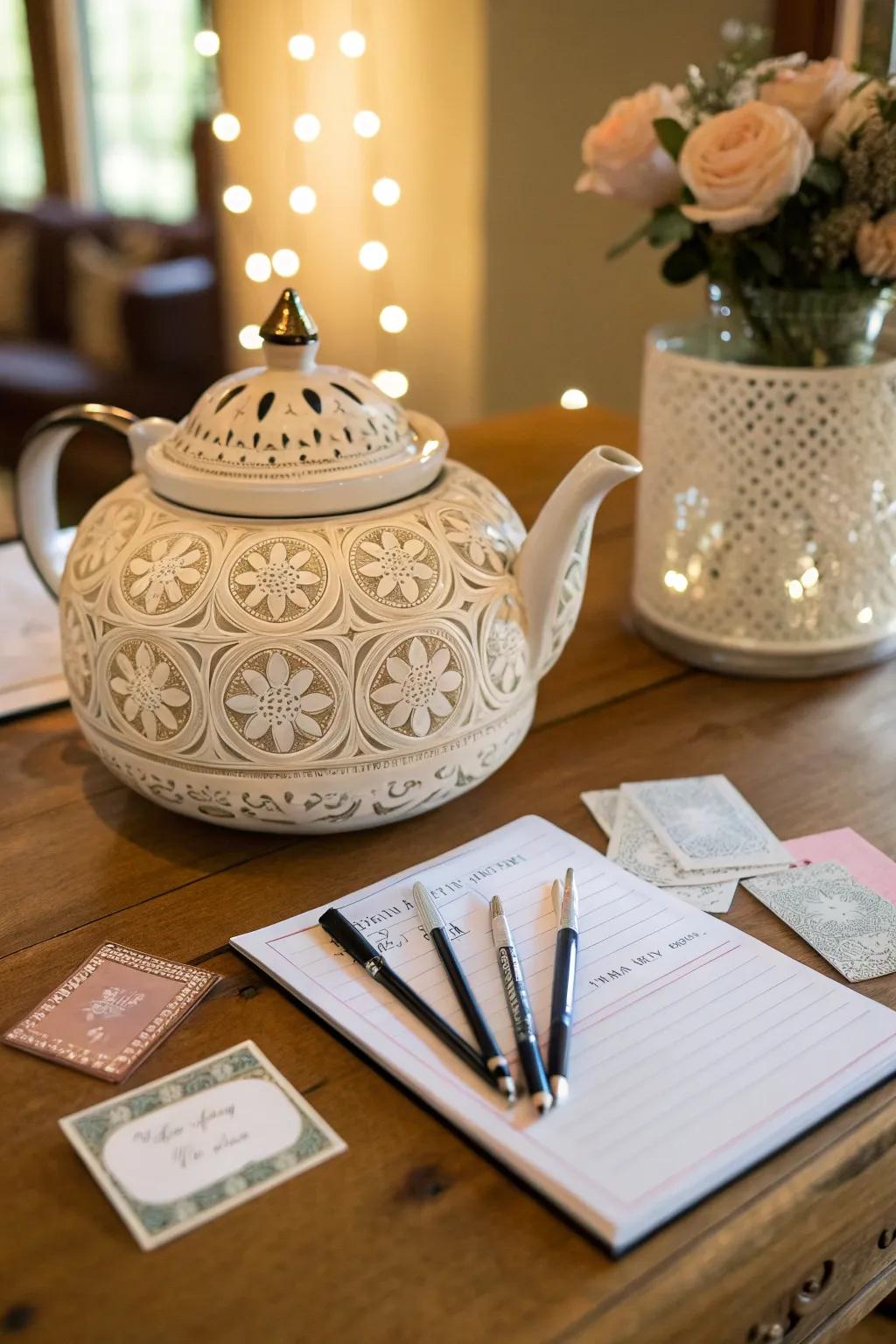 A teapot guest book is a memorable keepsake for the bride.