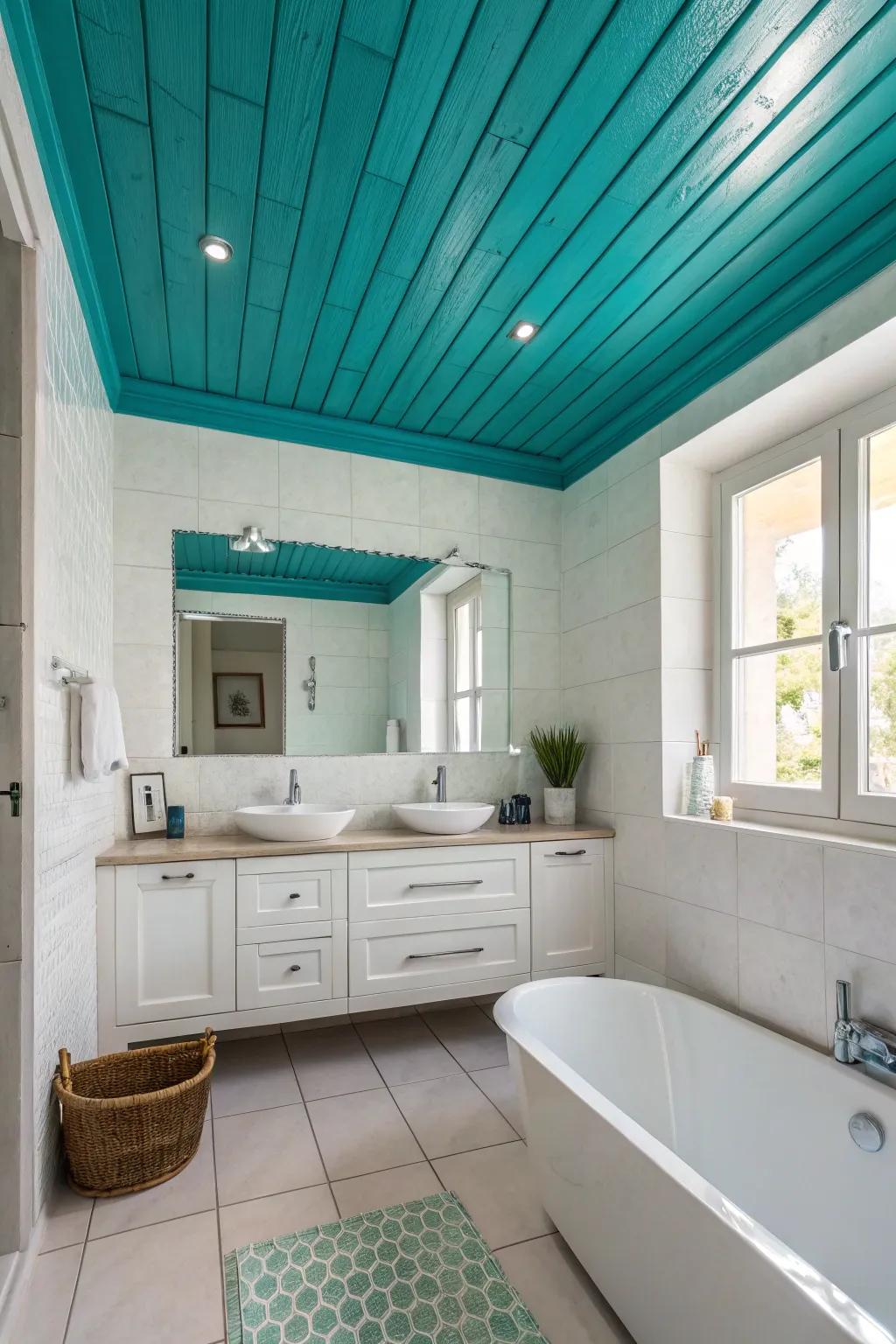 A bathroom featuring a bold teal ceiling for added depth.