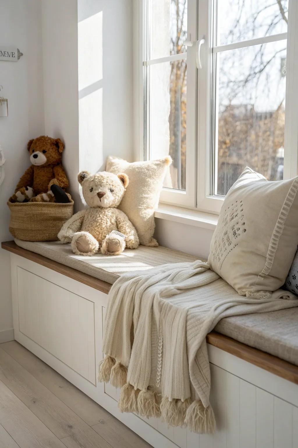 Bask in the warmth: a charming window seat showcase for your beloved teddies.