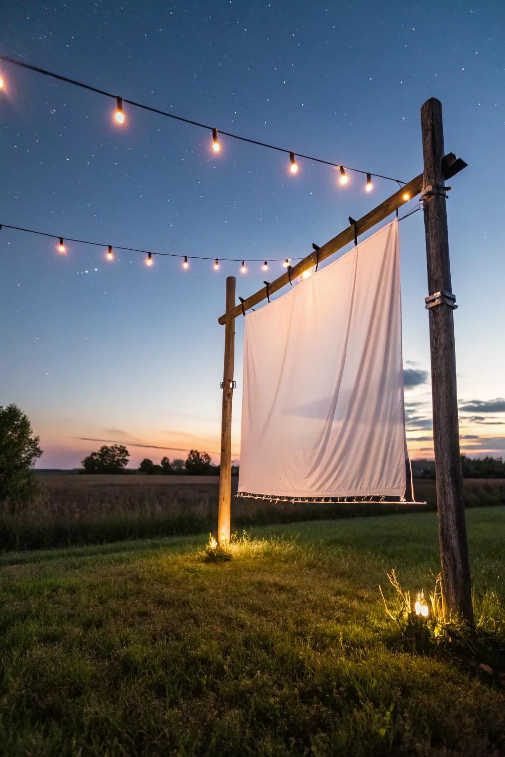Transform your outdoor space into a magical cinema with a simple telephone pole setup. Movie nights will never be the same!