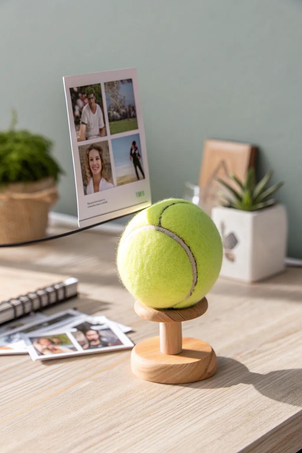 Add a playful touch to your desk with this whimsical tennis ball photo holder!