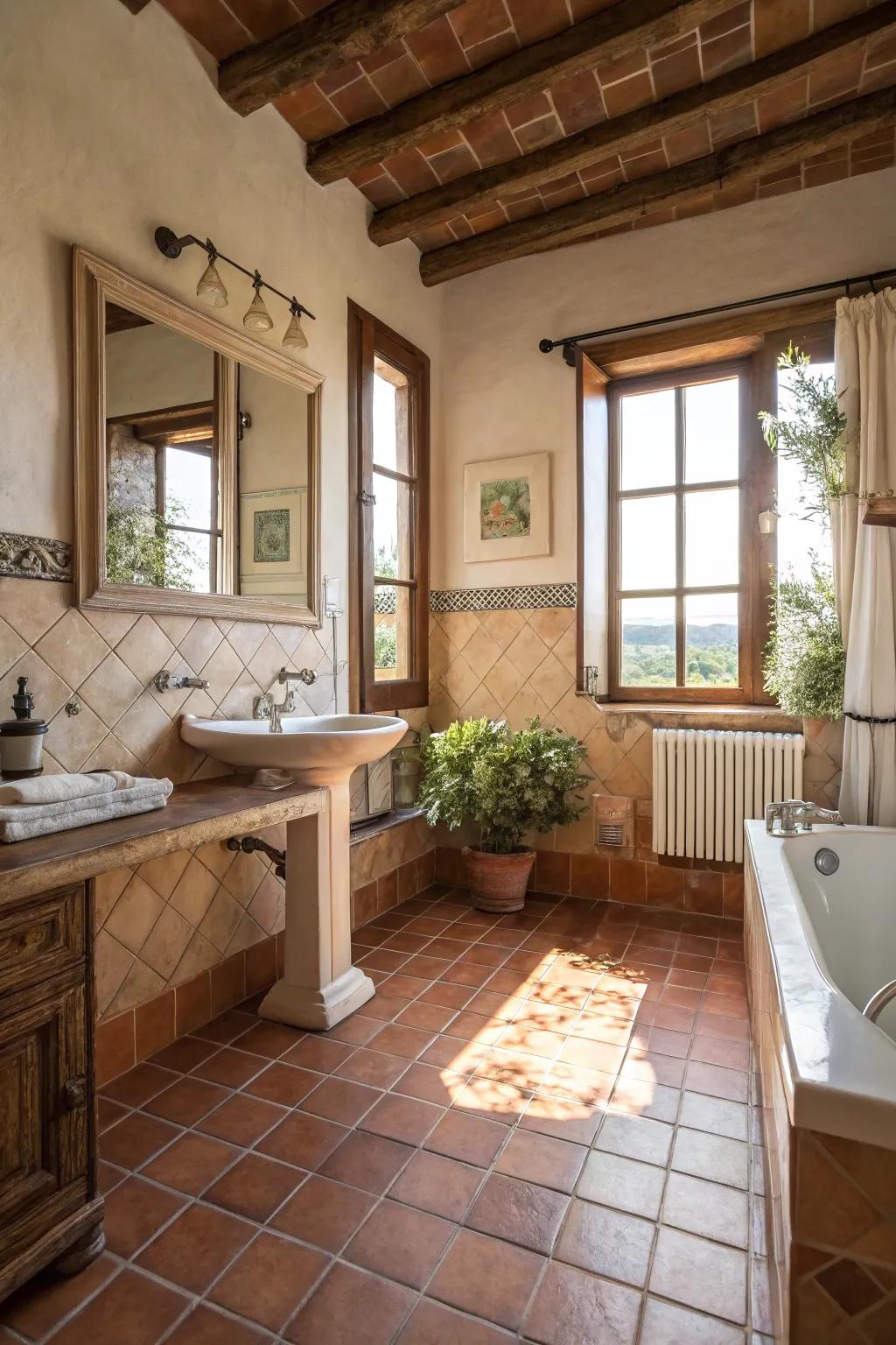 Natural light enhances the warmth of terra cotta in the bathroom.