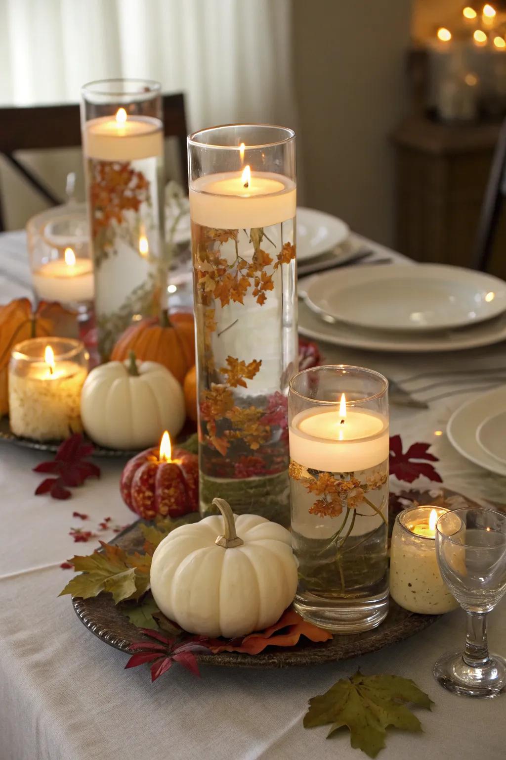 Artistic floating candle arrangements for a unique and personalized Thanksgiving setting.