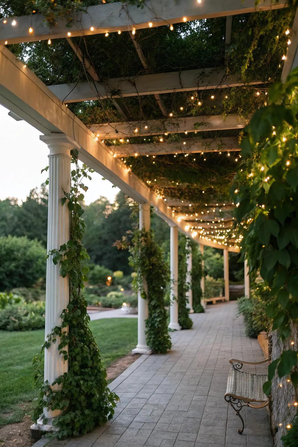 A pergola transformed into an enchanting gathering spot.