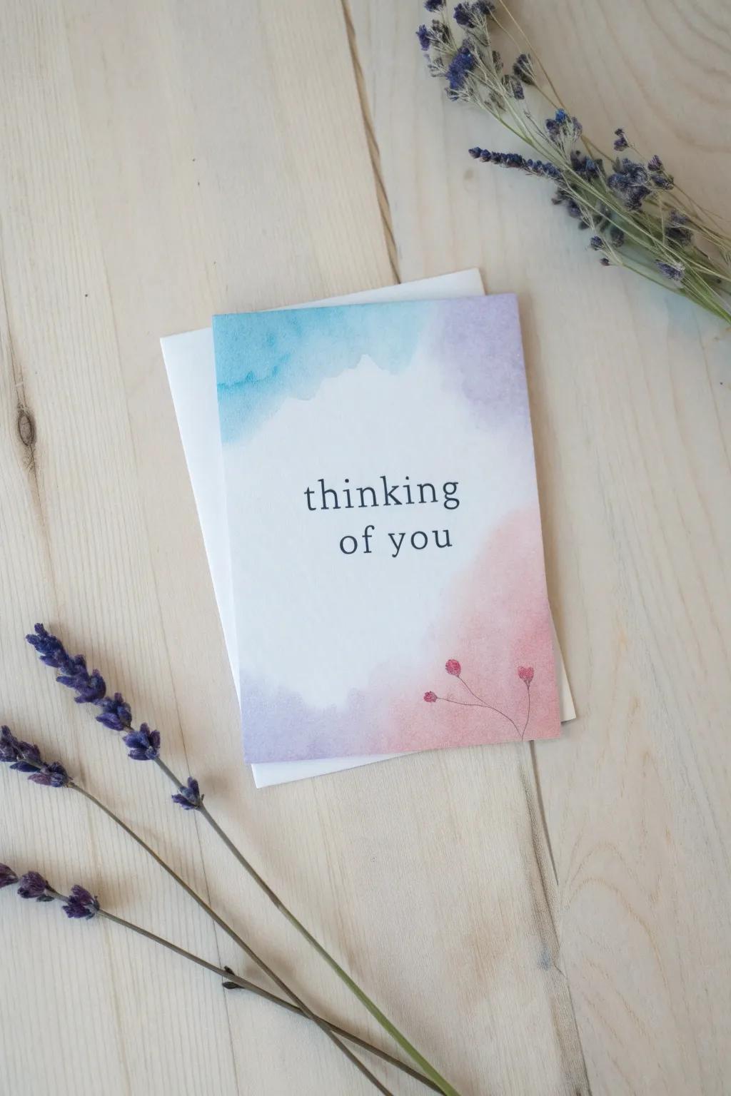 Serenity in simplicity: A watercolor wash thinking of you card to express your heartfelt thoughts.