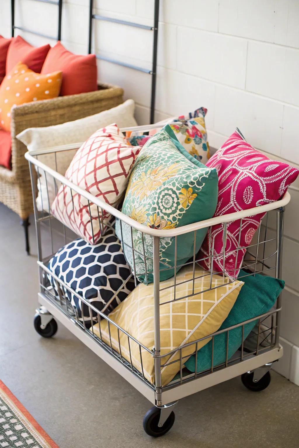 A rolling cart with baskets, perfect for flexible pillow storage.