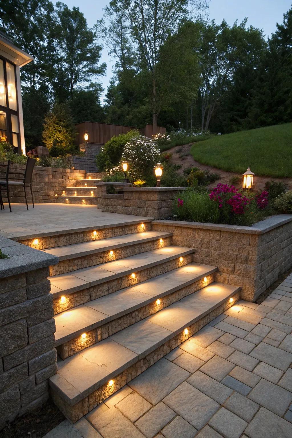 Integrated lighting enhances safety and beauty on a tiered patio.