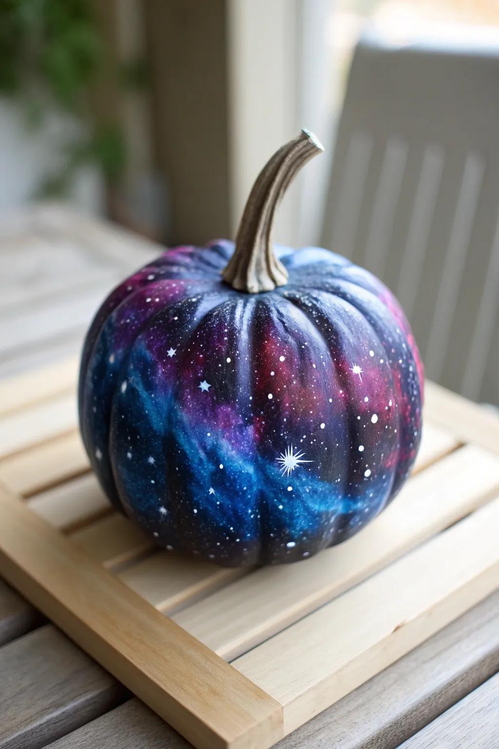 Discover the magic of the cosmos with this galaxy-painted pumpkin. A touch of the universe for your minimalist decor!