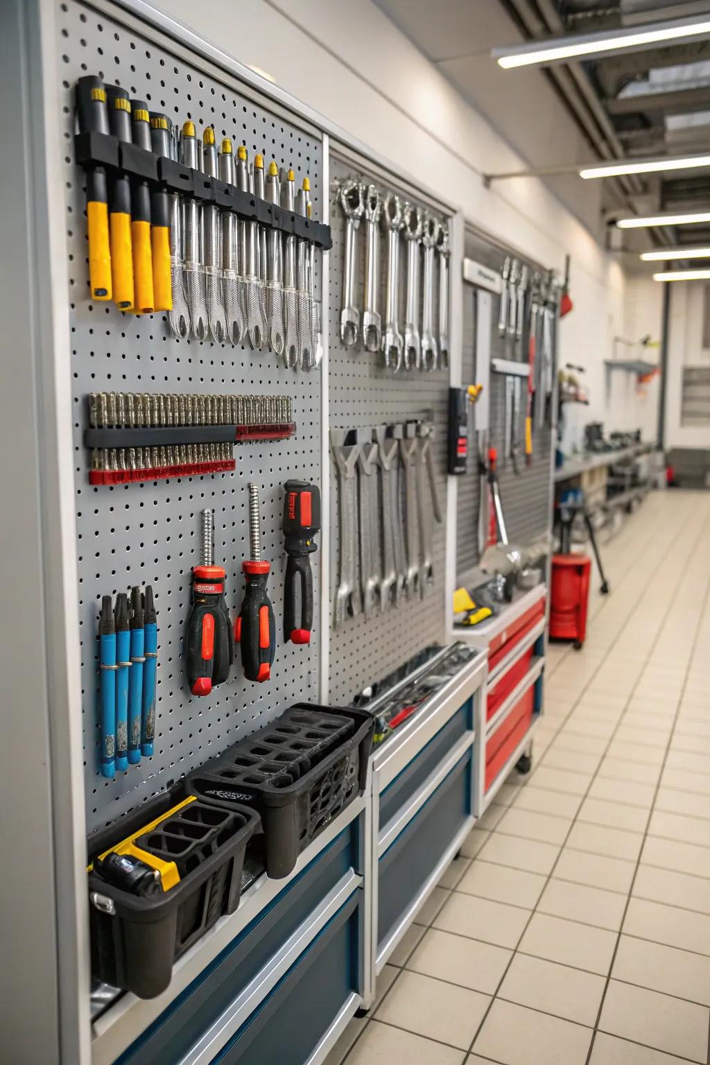 Tools organized on hooks and hangers in a tool crib.