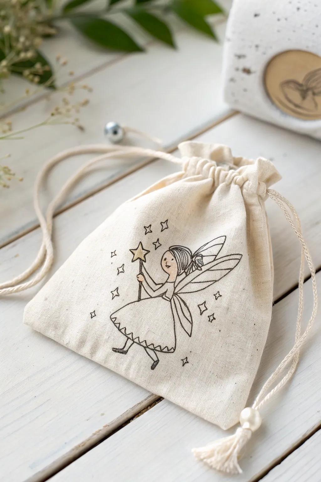 Add a touch of whimsy with a hand-drawn fairy on your tooth fairy bag - where simplicity meets magic.