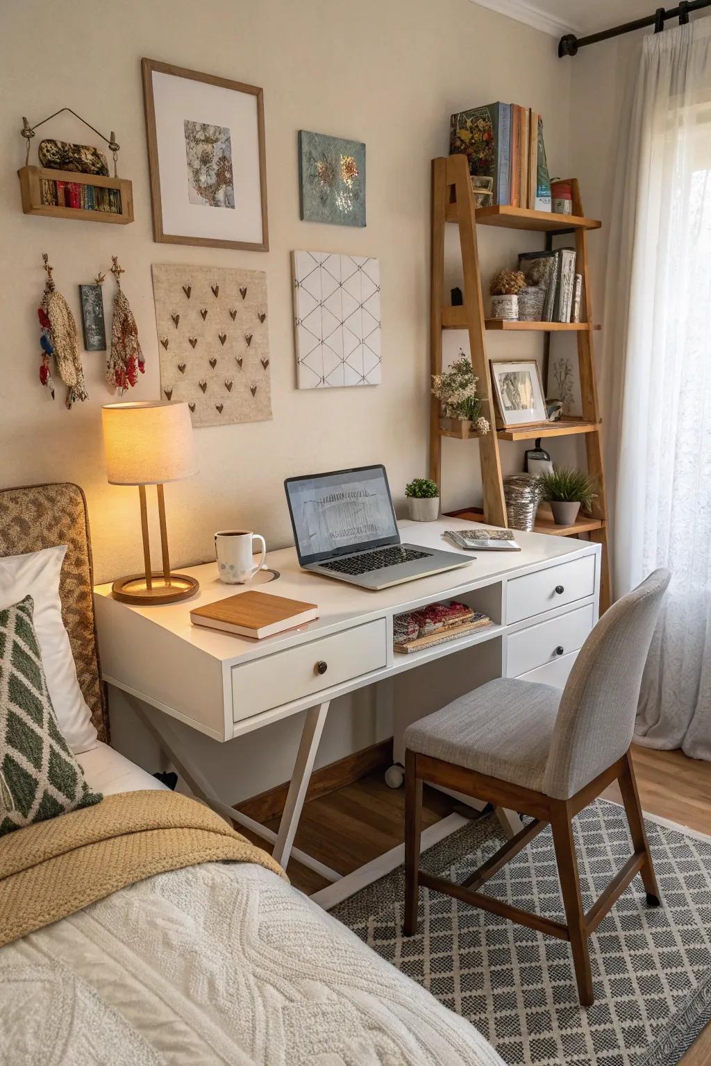 A small desk serves as a functional workspace in this townhouse bedroom.