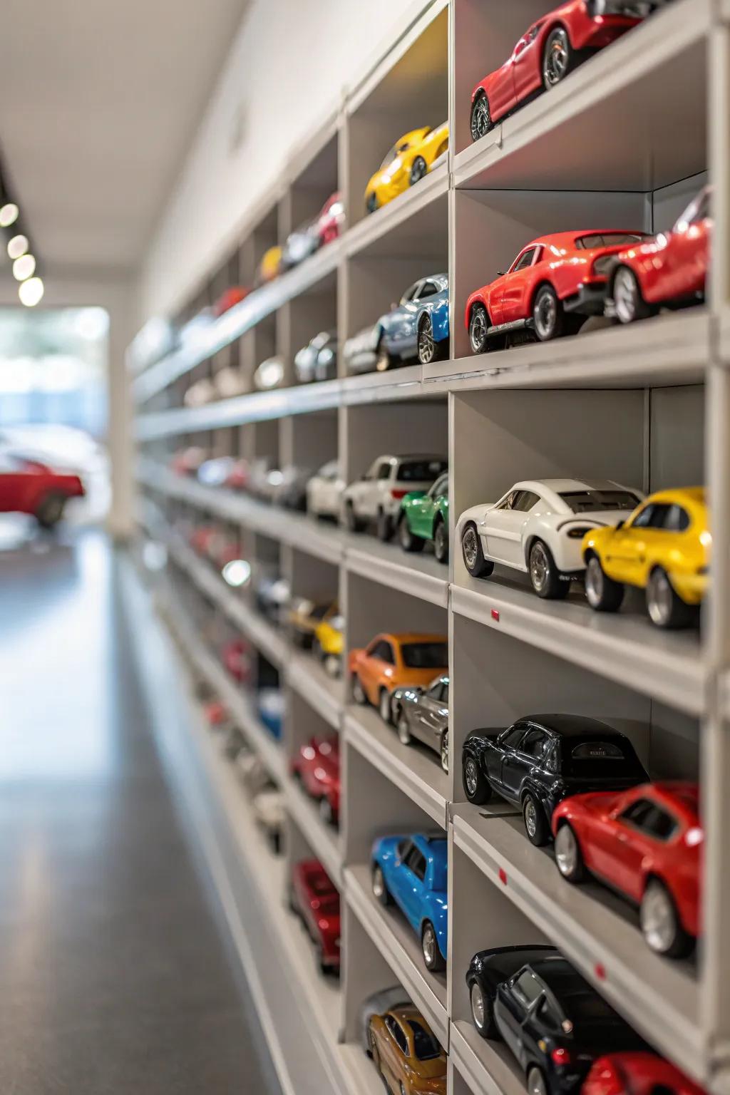 Vertical wall shelves showcasing a toy car collection.